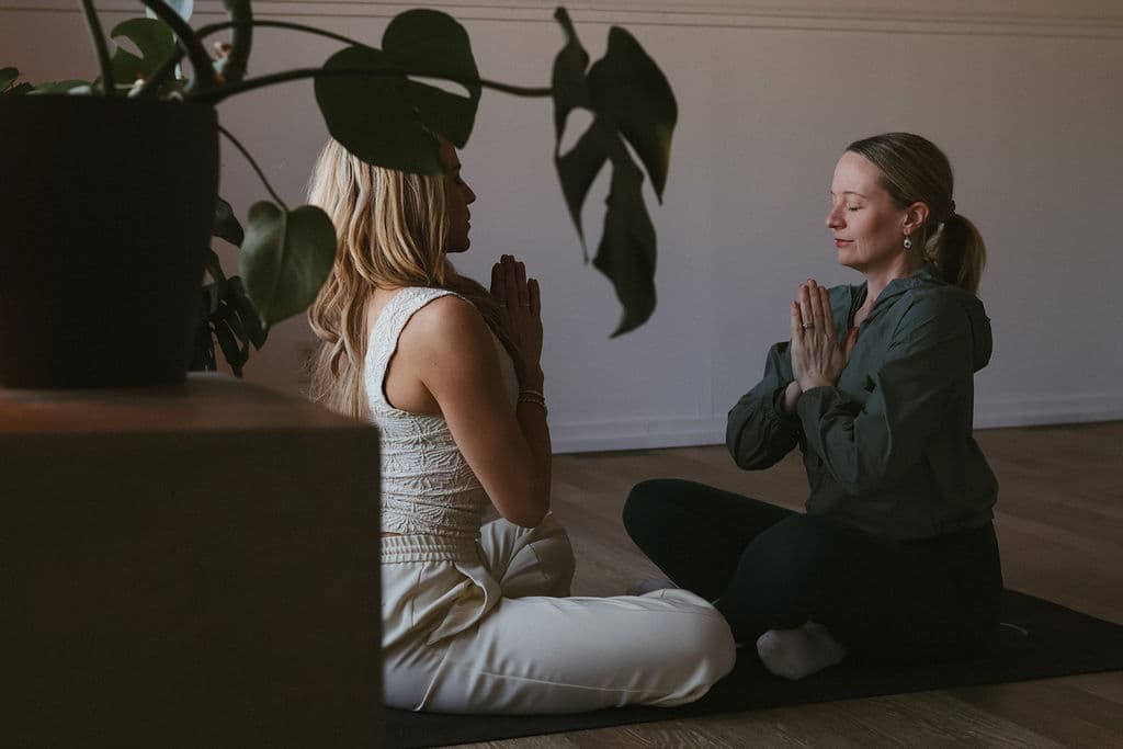Two practitioners seated in meditation, monstera in foreground